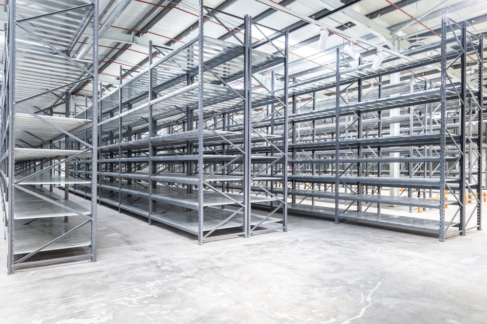 Empty shelving stacks in a warehouse