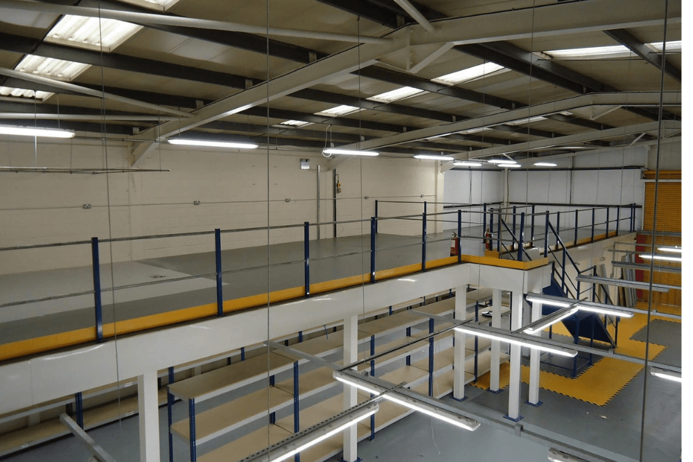 Mezzanine flooring with yellow safety walkway